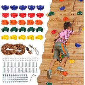 FRUITEAM 25 Rock Climbing Wall Holds for Kids Adults,Indoor and Outdoor Playground Rock Wall Climbing Kit,Knotted Climbing Rope,Colourful Climbing Rock Wall Grips for Kids