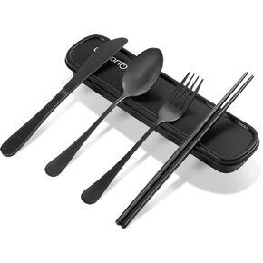 Travel Utensils with Case, Quatish Portable Silverware Set for Work, Stainless Steel Reusable Travel Cutlery Set, Fork and Spoon Set for Picnic, Camping, Gadgets, Lunch Box for Men, Black