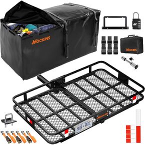Mockins 60"x36"x6" Folding Tow Hitch Cargo Carrier w/ 35CuFt Waterproof Cargo Bag | 500Lbs Cap. Car Carrier Hitch Rack | Luggage Rack for SUV & Car w/Straps, Stabilizer & License Plate Holder & More