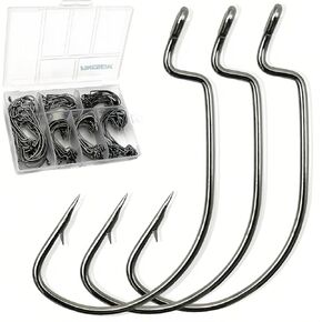 120Pcs Soft Bait Fishing Hooks Freshwater Assortment, Premium Extra Wide Gap Offset Bass Worm Fishing Hook Saltwater, High Carbon Steel Texas Rig Hooks Set 6 Szies #1 1/0 2/0 3/0 4/0 5/0