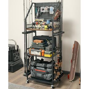 SOYEEZE Fishing Rod Holders for Garage,Fishing Pole holders,Fishing Gear Storage up to 12 Rods with Hooks and Wheels，Fishing Cart For Fishing Rod Tackle Box Reel Storage