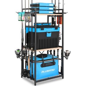 PLUSINNO 3 Tier Fishing Rod Holder, Fishing Pole Holders for Garage, Fishing Rod Rack Fishing Rod Storage Up to 8 Rods, Fishing Gear Tackle Box Fishing Equipment Organizers, Fishing Gifts for Men