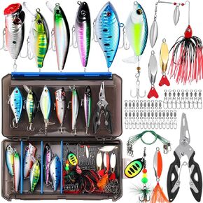 PLUSINNO Fishing Lures Fishing Tackle Box Fishing Bait Gifts for Men, Bass, Trout Fishing Accessories Kit for Saltwater & Freshwater Fishing Gear Including Topwater Lures, Hooks, Spinnerbaits