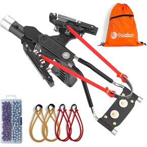 Goldboy Professional Slingshot with Red Beam Sight, Wrist Rocket Slingshot with Flashlight, Hunting & Shooting Slingshot with 4 Rubber Bands Replacement and 220 Ammo for Adults (Upgrade, Black)
