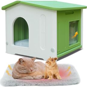 Waterproof Outdoor Cat House with Escape Door, Plastic Cat House for Feral Cats Outdoor Cat House with Mat, Sturdy Cat House for Outdoor Cats, Assemble Easily-Grey