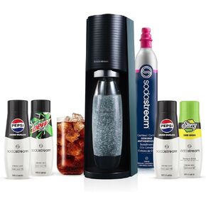 مجموعة صانعة المياه الفوارة SodaStream Terra باللون الأسود - تتضمن ثاني أكسيد الكربون، وزجاجة كربونات، وPepsi® Zero Sugar، وStarry® Zero Sugar، وMTN Dew® Zero Sugar، حزمة متنوعة من 4 نكهات