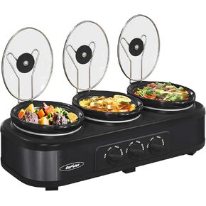 Sunvivi Triple Slow Cooker Buffet Servers and Warmer,3 Pot Food Small Mini Manual Slow Cooker with Adjustable Temp Stainless Steel Lid Rests,Removable Ceramic Pot,4.5 QT Black