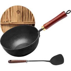 WANGYUANJI Handmade Cast Iron Wok,Non-Coated Stir Fry Pan,8.6-Inch Iron Pot with Lid and Spatula,Suitable for Home Cooking, Compatible with Induction, Gas, and Electric Ceramic Cooktops