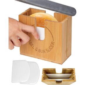 Large Adjustable Bagel Slicer Holder, Acacia Wood Bagel Cutter for Small and Large Bagels, Bread Slicer for Buns, English Muffins