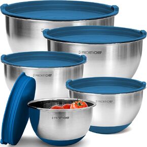 Priority Chef Premium Stainless Steel Mixing Bowls With Airtight Lids - Thick Metal Nesting Bowls for Kitchen, 1.5/2/3/4/5 Quart, Black