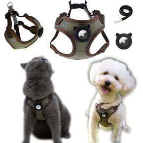 Cat Harness and Leash for Walking, Airtag Cat Harness and Leash Set with Airtag Holder for Small Large Cats, Puppies, Soft Nylon Adjustable Cute-Escape Proof Reflective Cat Harness (Red, Small)