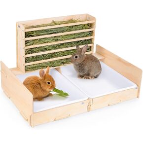Glittme Rabbit Litter Box with 2 in 1 Wooden Rabbit Hay Feeder Large Bunny Litter Box with 2 Basins Guinea Pig Litter Box Easy to Clean Ferret Litter Box for Rabbit, Bunny, Guinea Pig, Ferret