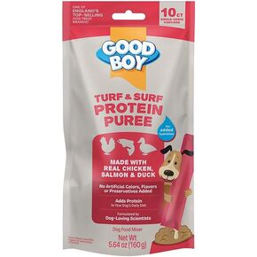 GOOD BOY Farm & Sea Protein Purees Dog Food Mixers for All Adult Dogs, 30 Count, Easy Single-Serve Triple Flavor Topper Treats with Tuna, Chicken and Duck
