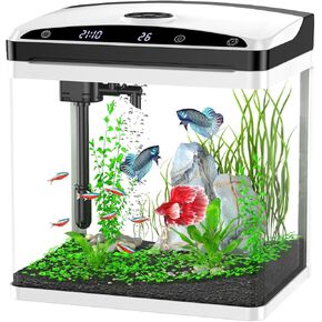 Fish Tank, Aquarium Fish Tank 4 Gallon with SmartClean Technology, 7 Color Light, Temperature Display for Betta Shrimp Guppy Jellyfish Goldfish