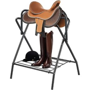 VEVOR Folding Saddle Rack, Freestanding Horse Saddle Stand, Portable Horse Blanket Holder, Heavy Duty Steel Saddle Rack for English & Western Saddles, Tack Storage, 28 x 19 x 37.5 in, Black