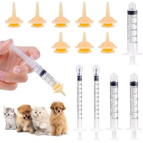 Kitten Bottle Feeding Kit, Silicone Kitten Nipples and Syringes for Newborn Kittens, Puppies, Pets, Wildlife, Rabbits, Squirrel,Small Animals (1 Bottle+10 Nipples+5 Syringes)