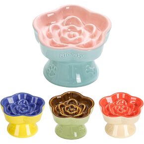 S&Q's CERAMICS Raised Slow Feeder Cat Bowl, Ceramic Elevated and Titled Glass Cat Food Bowl Small Dogs Slow Feeder Bowl, Flower Shaped Cute Cat Bowl for Dry and Wet Food (Pink, 5.8")