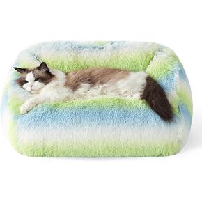 Lesure Cute Cat Couch Bed - Furry Indoor Cat Sofa Large, Washable Calming Small Dog Beds for Puppy with Fashion Design, 26x21x9inches, Beige Stripe