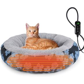 INVENHO Heated Cat Bed, Heated Cat Beds for Indoor Cats and Small Dogs, 20" Cozy Donut Heated Pet Bed with Timer & Temp Adjustable, Removable Waterproof Electric Warming Bed for Indoor Cat