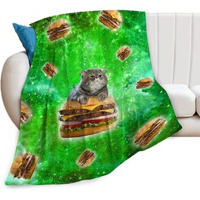 Funny Cat Blanket for Girls Women Gifts for Cat Lovers Cat and Hamburgers Throw Blanket for Kids Adults Ultra Soft Cozy Fleece Blanket for Couch Sofa ​Bed 40"x50"
