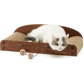 FUKUMARU 21 Inch Cat Scratcher Cardboard, Cat Lounger, Durable Cat Scratcher Bed Large Lounger with Bell Ball Toy, Recyclable Cat Scratching Pads for Indoor Cats, Cat Scratch Bed Cardboard
