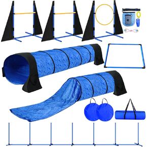 Dog Agility Course Backyard Set:JOPAVO Dog Agility Training Equipment for Dogs,2*118" Tunnel with Sandbags,2 Agility Hurdle,Weave Poles,Jump Ring and Pause Box– Fun Dog Obstacle Course &Park Equipment