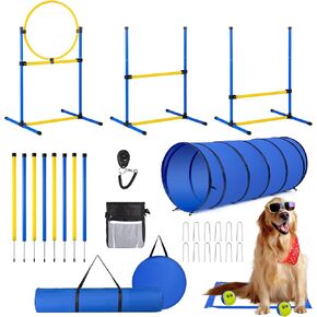 Dog Agility Course Backyard Set，Dog Agility Equipment, Dog Obstacle Course Backyard With 2-Set Agility Hurdle ，Jump Ring, 8 Weave Poles, Tunnel, Pause Box, Toy Balls And 2 Portable Carrying Bags