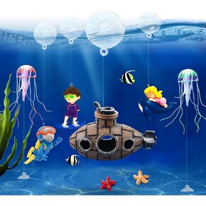 13PCS Floating Fish Tank Decorations Floating Device Fish Tank Accessories Flotating Diver Fake Jellyfish Decorations Starfish Submarine Suitable for Aquarium Fish Tank