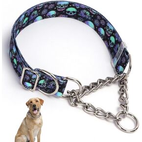 Stainless Steel Chain Martingale Dog Collar, No Pull Slip Cinch Choker Choke Collar Training Escape Proof Heavy Duty Dog Collar for Small Medium Large Pet Girl Female Dogs, Pink Floral L