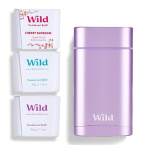 Wild - Purple Case with Refill Variety Pack - Natural Refillable Deodorant - Aluminum Free - Includes Fresh Cotton & Sea Salt, Cherry Blossom and Coconut & Vanilla Scents - Vegan