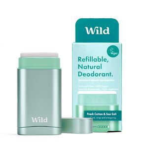 Wild - Natural Refillable Deodorant - Vegan & Eco-Friendly - Aluminum Free - Long Lasting Protection - Natural Ingredients - Starter Kit - Aqua Case, Fresh Cotton & Sea Salt Refill - 1.4oz