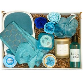 Spa gift box. gift basket. Birthday gift. Mothers Day gift. Spa gift box. Blue gift box. Bath bomb. Bath salts. Body wash. Candle. Rose soap