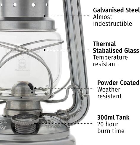 Feuerhand Outdoor Kerosene Fuel Lantern, German Made Weather Resistant Baby Special 276 Galvanized Hurricane Lamp for Camping or Patio, 10 Inches, Unpainted in Saudi Arabia