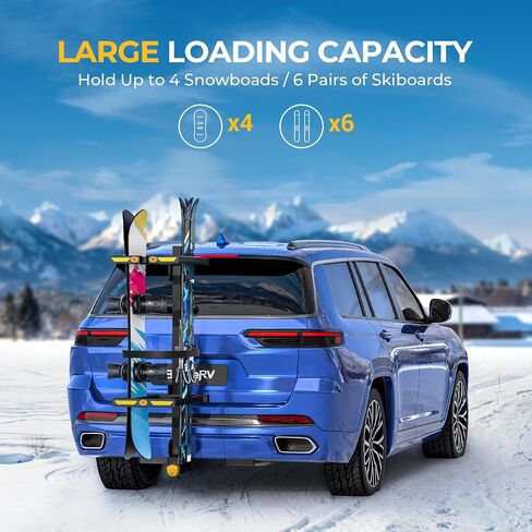 BougeRV Hitch Ski Snowboard Rack with Security Lock Folding and Tilting for Trunk Access Fit for 2" Receiver, Max Load 6 Pairs of skis or 4 Snowboards in Saudi Arabia