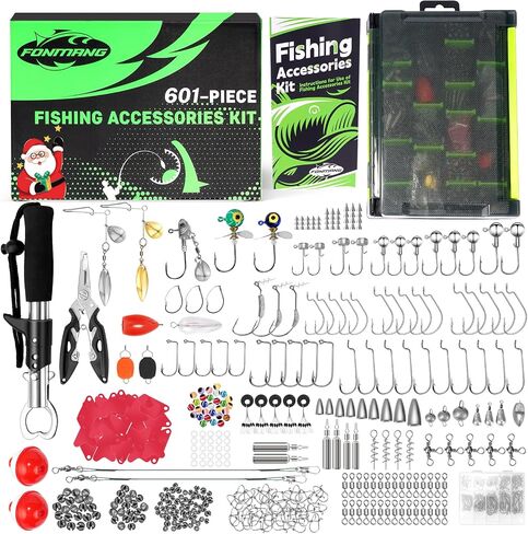411/601-Piece Fishing Gear Accessories Kit, [2025 New] Fishing Tackle Box with Pliers, Fish Lip Grips, Hooks, Weights, Jig Heads, Swivels, 21 Pre-Made Rigs – Fishing Gear for Lures Fishing in Saudi Arabia