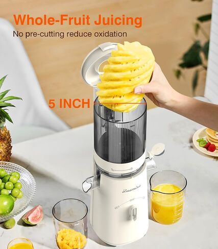 Cold Press Juicer, Updated Masticating Juicer Machines with 5" Feeding Chute Fit Whole Fruits &Vegetables, 99.6% Juice Purity, Streamlined Parts Easier to Clean/1.5L Capacity/2 Cups Included in Saudi Arabia