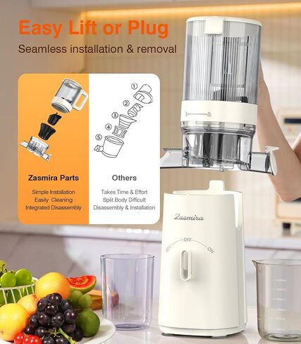 Cold Press Juicer, Updated Masticating Juicer Machines with 5" Feeding Chute Fit Whole Fruits &Vegetables, 99.6% Juice Purity, Streamlined Parts Easier to Clean/1.5L Capacity/2 Cups Included in Saudi Arabia