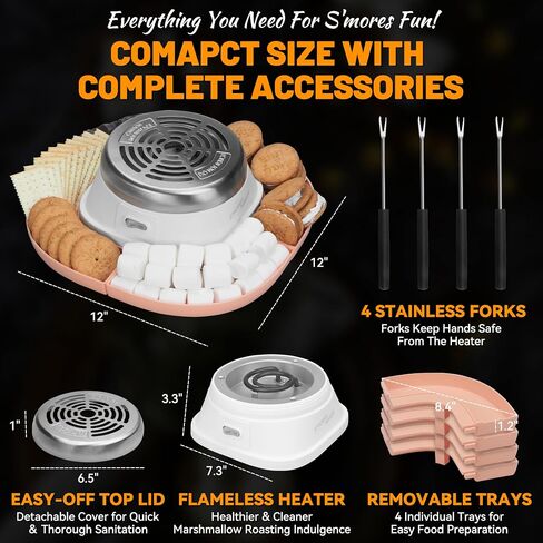 Smores Maker Tabletop Indoor Kit, Indoor Marshmallow Roaster, Flameless Electric S'mores Maker, Smores Maker with 4 Detachable Tray & Roasting Sticks, Gift for family & Date Night, Orange in Saudi Arabia