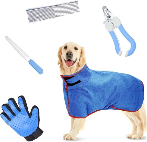 5PCS Dog Pet Grooming Tool Set Grooming Gloves, Universal Towel for Cats and Dogs, Nail Clipper, Straight Comb, Nail File, Convenient and Practical Pet Bathing Tools (Blue, X-Small) in Saudi Arabia