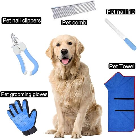 5PCS Dog Pet Grooming Tool Set Grooming Gloves, Universal Towel for Cats and Dogs, Nail Clipper, Straight Comb, Nail File, Convenient and Practical Pet Bathing Tools (Blue, X-Small) in Saudi Arabia