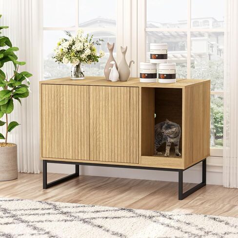 Cat Litter Box Enclosure, Fluted Hidden Litter Box Furniture with Cat Scratch Pad, 2 Doors Enclosed Litter Box Cabinet, Modern Indoor Pet House End Table for Living Room, Bedroom, Washroom in Saudi Arabia