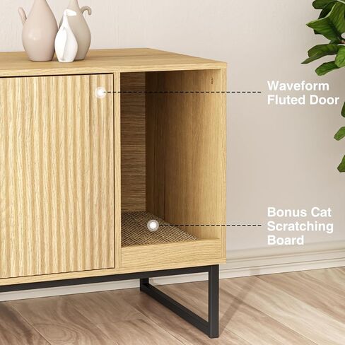 Cat Litter Box Enclosure, Fluted Hidden Litter Box Furniture with Cat Scratch Pad, 2 Doors Enclosed Litter Box Cabinet, Modern Indoor Pet House End Table for Living Room, Bedroom, Washroom in Saudi Arabia