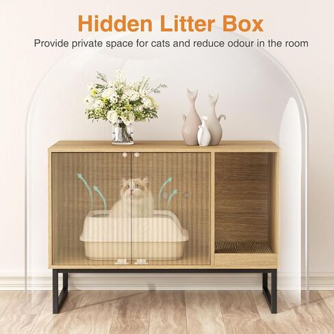 Cat Litter Box Enclosure, Fluted Hidden Litter Box Furniture with Cat Scratch Pad, 2 Doors Enclosed Litter Box Cabinet, Modern Indoor Pet House End Table for Living Room, Bedroom, Washroom in Saudi Arabia