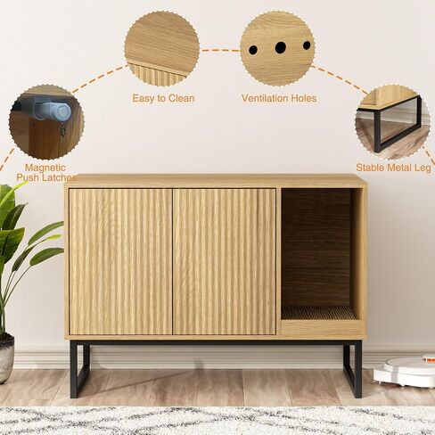 Cat Litter Box Enclosure, Fluted Hidden Litter Box Furniture with Cat Scratch Pad, 2 Doors Enclosed Litter Box Cabinet, Modern Indoor Pet House End Table for Living Room, Bedroom, Washroom in Saudi Arabia