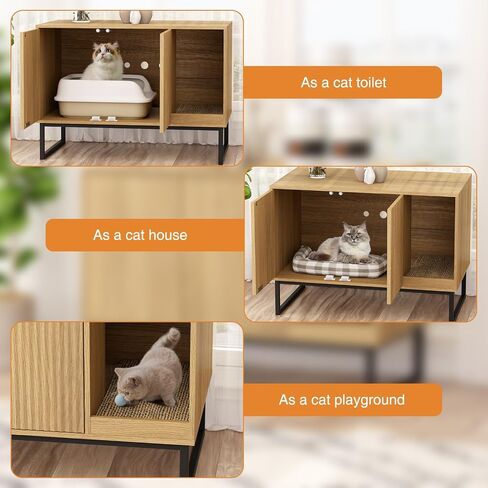 Cat Litter Box Enclosure, Fluted Hidden Litter Box Furniture with Cat Scratch Pad, 2 Doors Enclosed Litter Box Cabinet, Modern Indoor Pet House End Table for Living Room, Bedroom, Washroom in Saudi Arabia