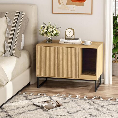 Cat Litter Box Enclosure, Fluted Hidden Litter Box Furniture with Cat Scratch Pad, 2 Doors Enclosed Litter Box Cabinet, Modern Indoor Pet House End Table for Living Room, Bedroom, Washroom in Saudi Arabia