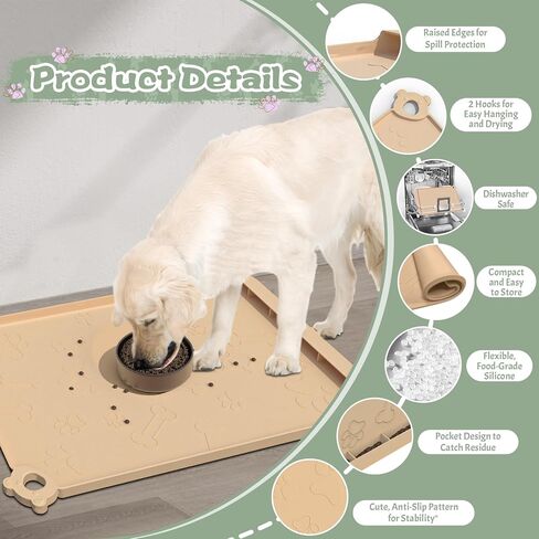 Dog Food Mat, Silicone Dog Mat for Food and Water -Pet Feeding Mats with Residue Collection Pocket, Waterproof Dog Cat Bowl Mats with Raised Edges and Hooks, Placemats for Cats and Dogs Water Bowl in Saudi Arabia