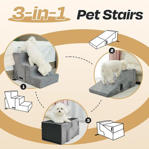 سلالم الكلاب 3 في 1 من Supet للكلاب الصغيرة لتجلس على السرير، منحدر للكلاب للأريكة والسرير، خطوات للكلاب للسرير مع قاعدة غير قابلة للانزلاق وغطاء قابل للغسل، سلالم الحيوانات الأليفة in Kuwait