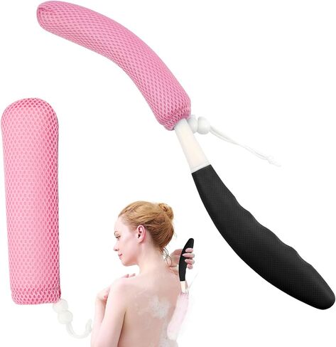 15.35" Back Bath Brush with Sponge,Back Scrubber Bath Mesh with Curved Long Handle Bath Body Brush for Elderly Aid Bathing and Shower in Kuwait