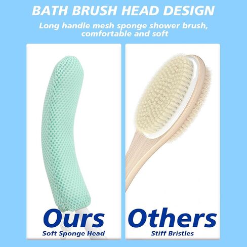 15.35" Back Bath Brush with Sponge,Back Scrubber Bath Mesh with Curved Long Handle Bath Body Brush for Elderly Aid Bathing and Shower in Kuwait
